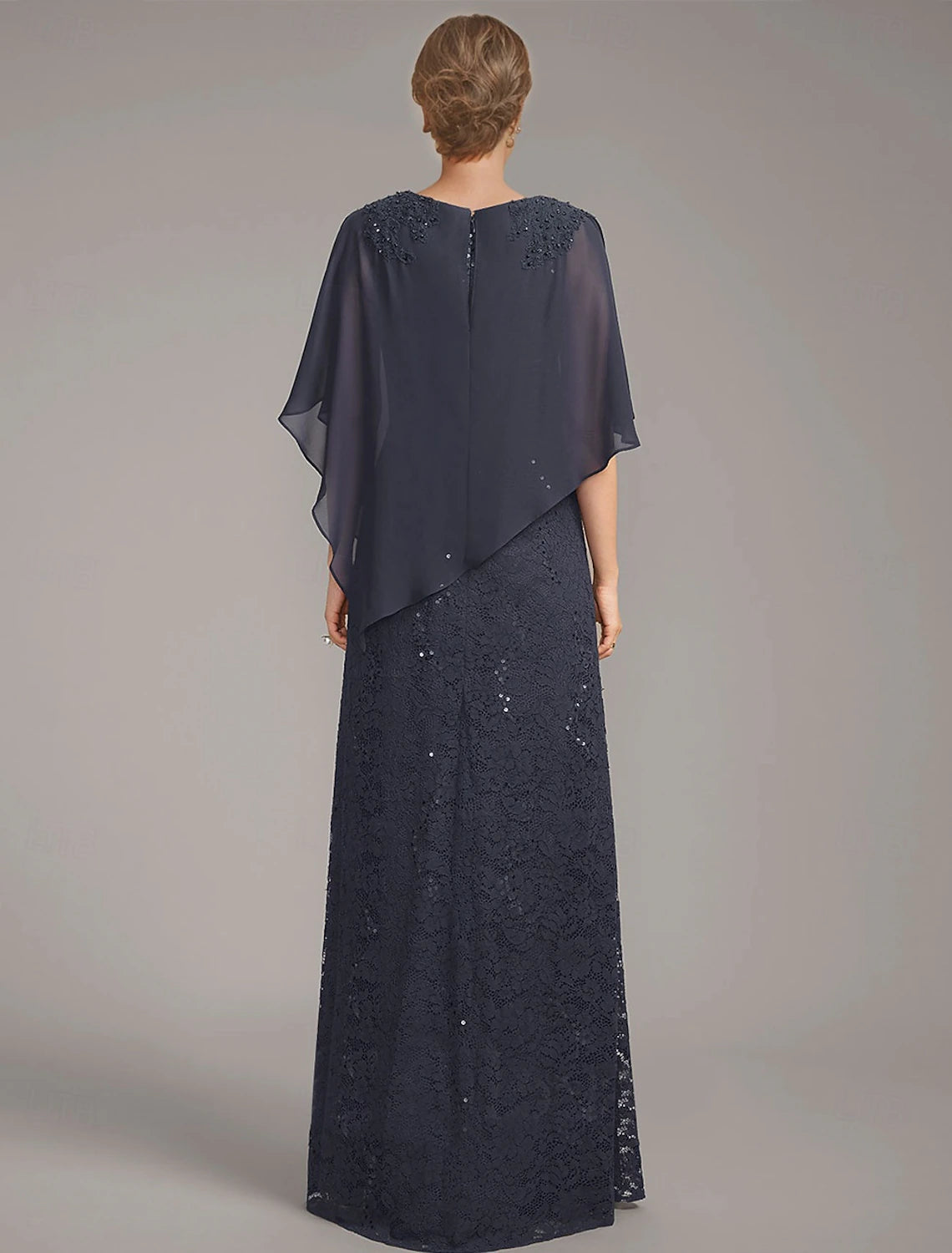 Buyishang A-Line Dress Mother of the Bride Dress Elegant Jewel Neck Floor Length Chiffon Half Sleeve with Lace Solid Color